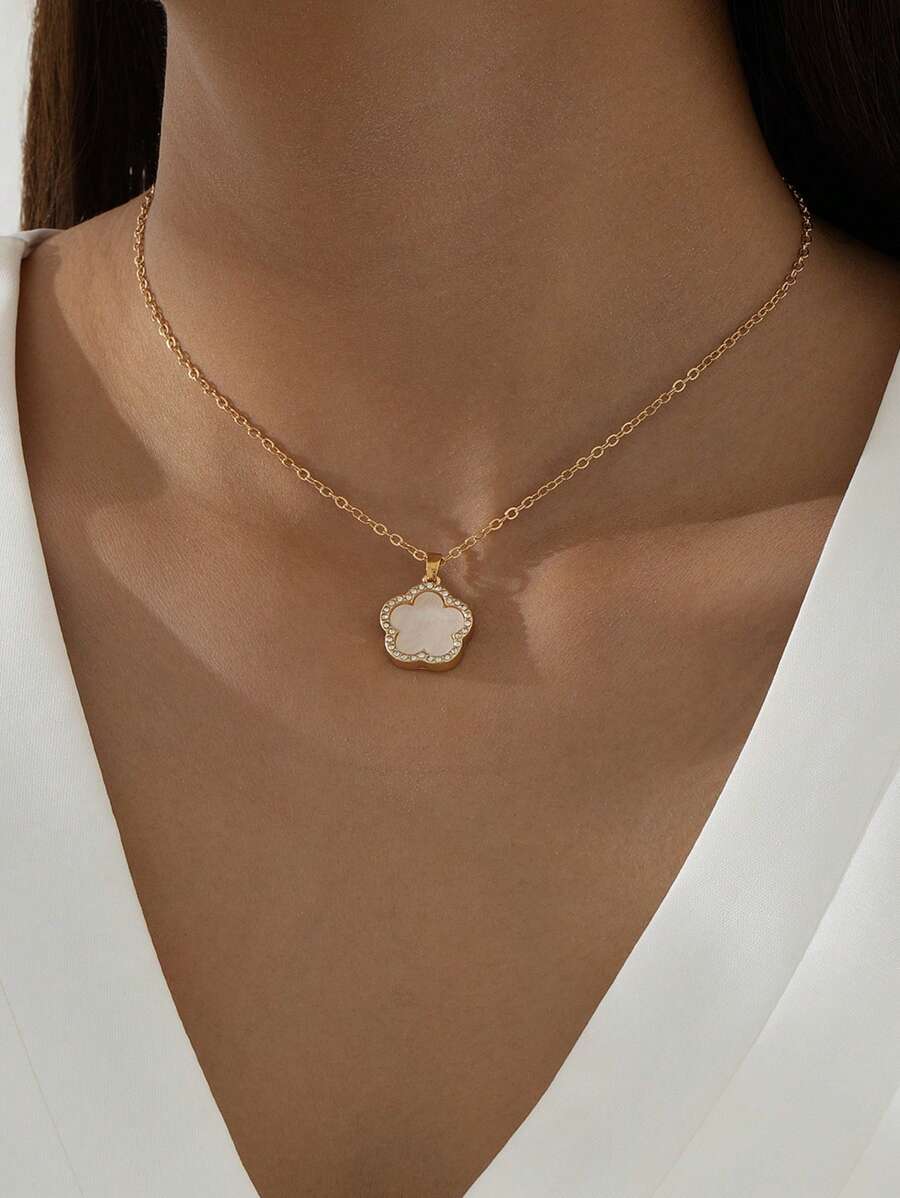 1 pieza Collar de mujer con colgante de trébol de la suerte con strass, para baile de graduación, fiesta o regalo de cita, San Valentín, mamá, madre, Día de la Madre - Blanco - Ver 1