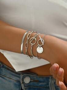 4pcs/Set Punk Metal Style Hollow Chain & Disc Pendant Bracelet (Special Material, Avoid Contact With Water) - Silver - View 4