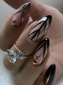 24 件中号杏仁形按压式指甲套装，黑色指甲，优雅闪亮的水钻，黑色线条和金色散粉，法式全覆盖假指甲套装，美甲套装，包括 1 张粘性标签和 1 个迷你锉刀，适用于女士和女孩办公室日常佩戴假指甲果冻胶，随机发货 - 彩色 - 查看 1