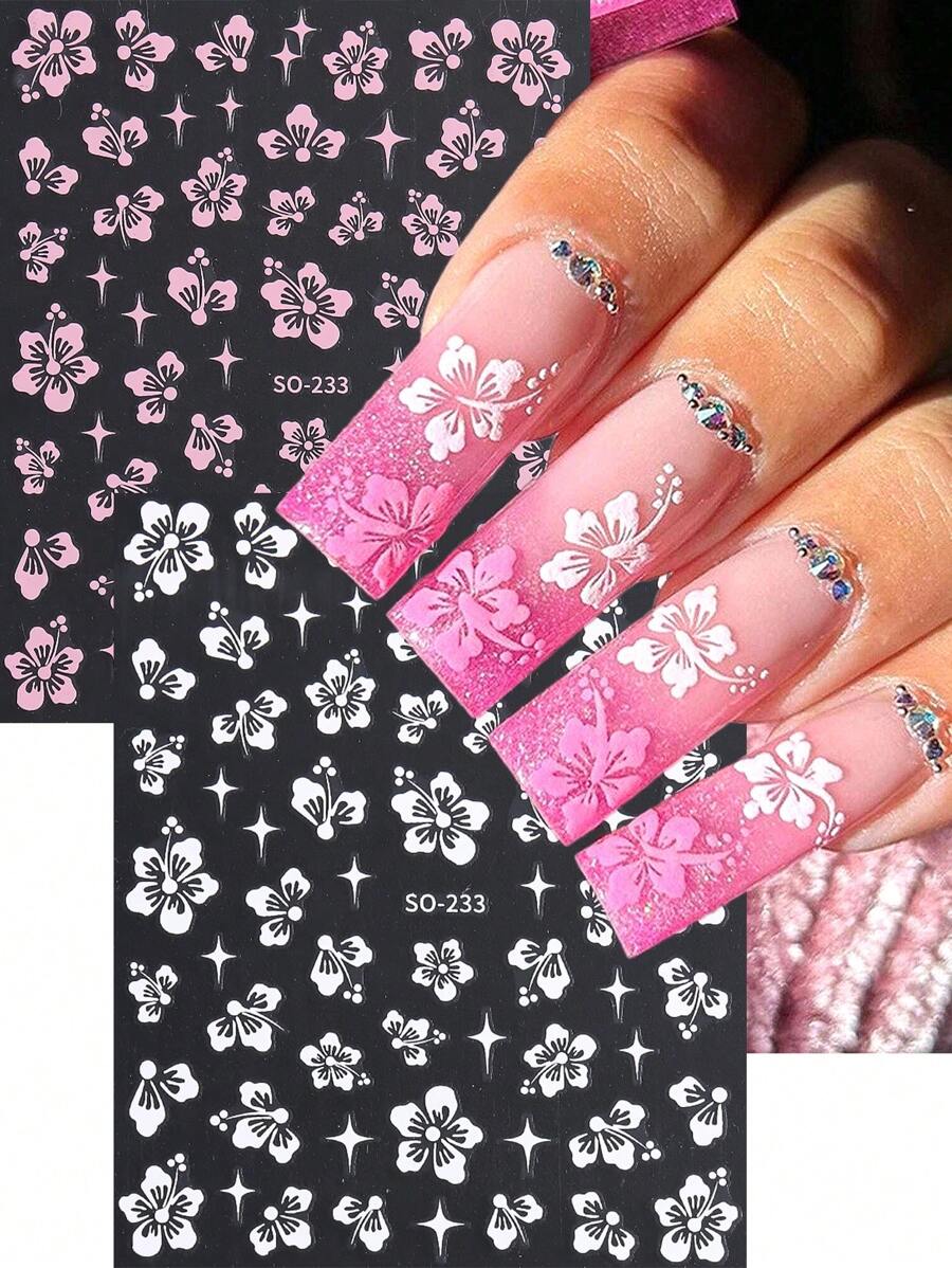3D 芙蓉花指甲贴纸夏季装饰粉色白色花朵指甲贴热带树叶滑块美甲贴 2 件 - 彩色 - 查看 1