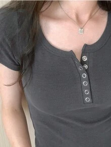 Camiseta de Manga Corta para Mujer, Cuello Redondo Ribbed, Casual y Sexy, Transpirable para Verano - Gris Oscuro - Ver 8