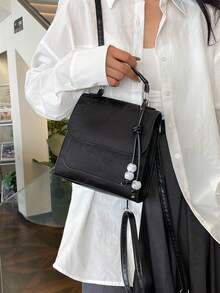 時尚植物花紋休閒簡約大容量手提包/肩背包/零錢背包，適用於女性，隨機印花位置 - 黑色 - 查看 7