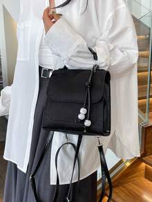 時尚植物花紋休閒簡約大容量手提包/肩背包/零錢背包，適用於女性，隨機印花位置 - 黑色 - 查看 8