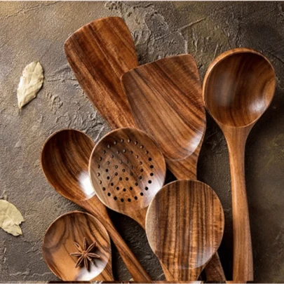 4-7pcs/Set Thai Teak Wood Natural Wood Cooking Utensils, Including Turner, Rice Strainer, Soup Ladle, Skimmer And Cooking Spoon For Kitchen, Kitchen, Christmas Gift,School Supplies