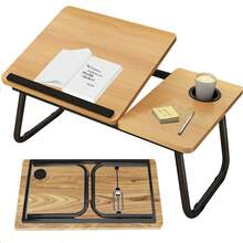 Mesa Plegable Soporte para Laptop - con Portavasos y Diseño con Ranura Inclinación Ajustable de 5 Niveles Soporte Plegable Escritorio Portátil para Comer Escribir Jugar Sofá de Trabajo (nuez) - Caqui - Ver 10