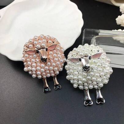 1pc Fashionable Alloy Faux Pearl Cartoon Cute Golden Sheep Brooch, Suitable For Women's Holiday Party Outfit Accessory