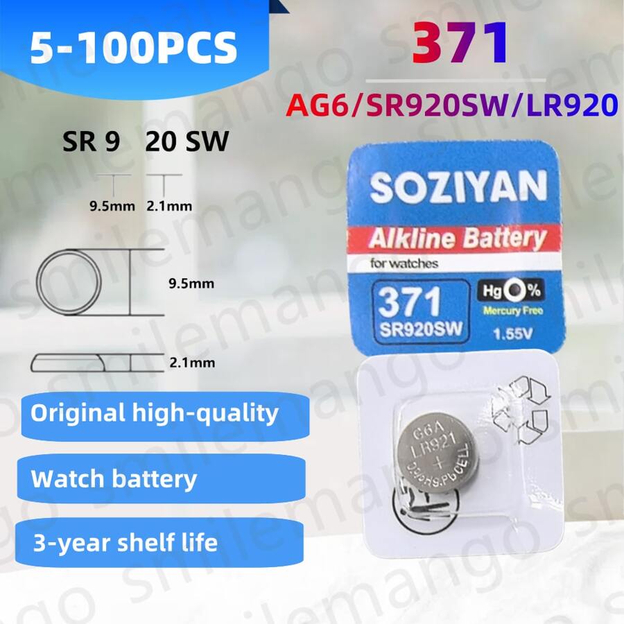 5-100粒 SOZIYAN AG6 371 SR920SW 2024 全新碱性纽扣电池 LR920 SR927 171 370 L921 LR69 SR920，适用于手表、玩具、遥控器等，独立包装 - 371/AG6/LR920(SOZIYAN) - 查看 1
