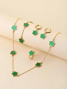 Ensemble de 5 pièces Collier, bracelet, boucles d'oreilles et bague ajustable pour femme - Style européen et américain - Vintage - Plaqué or 18 carats - Acier de titane - Cinq pétales de fleurs en résine colorée - Cadeau de luxe et polyvalent pour les filles - Parfait pour les vacances à la plage ou les fêtes d'anniversaire - Ensemble de couleurs de fleurs à cinq pétales - Voir 10