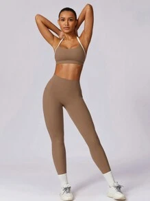 MASKERT 女士运动内衣、运动上衣、瑜伽上衣、高弹力运动上衣 - 摩卡棕 - 查看 8