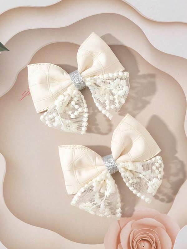 2 pièces Barrette à cheveux beige bicolore élégante et mignonne avec nœud pour enfants
