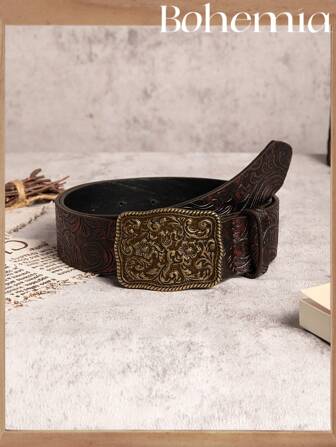 1pc Women's Vintage Pattern Needle Buckle PU Leather Belt, Suitable For Bohemian Style Halloween Summer, School Fall, Autumn, Halloween