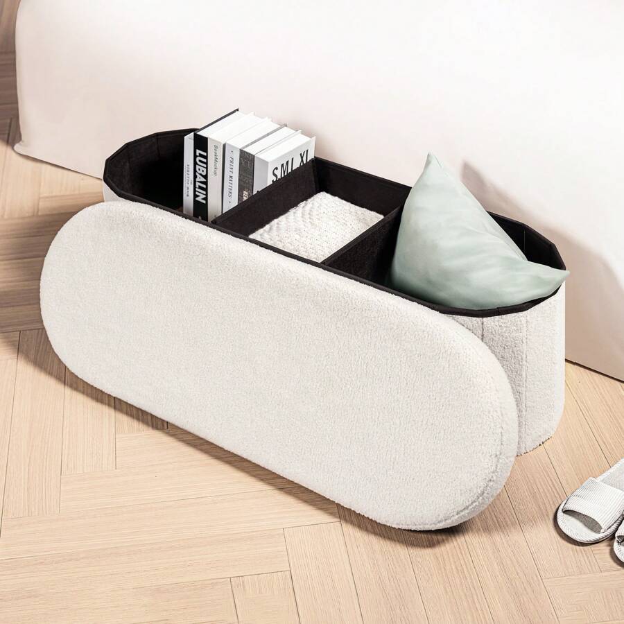 Folding Storage Ottoman, Long Ottomans Shoes Bench Ellipse , Teddy Storage Chest Footrest Seat 43.3"*14.96"*14.96"