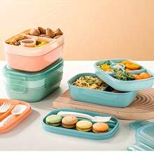 Bộ hộp cơm trưa di động hình vuông 1 cái - 3 hộp đựng Bento có thể xếp chồng lên nhau với bộ dụng cụ, chống rò rỉ, lý tưởng để đi ăn ngoài, làm việc, dã ngoại và các hoạt động ngoài trời - Nhiều màu - Xem 5