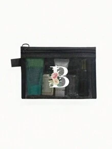 1个黑色网眼袋，白色花卉A-Z透明网眼化妆品收纳袋，多功能旅行便携包，护肤品和化妆品收纳袋，学生文具袋，网眼拉链袋，旅行化妆品收纳袋，简约高端，珠宝首饰收纳，适用于住宿、旅行、商务、游泳、家居收纳 - 黑色 - 查看 23
