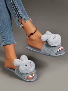 可愛卡通風格家居拖鞋，2024仿兔毛，保暖、防滑、舒適的毛絨拖鞋 - 灰色 - 查看 4