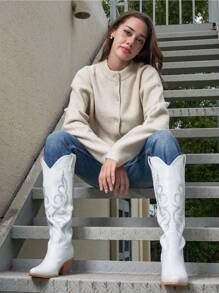 Cowboy Boots For Women - Wide Calf Rhinestone Cowgirl Boots, Women Knee High Western Boots, Glitter Sparkly Ladies Tall Boots With Classic Embroidery And Side Zipper, Retro Classic Country Boots Pull On For Ladies - White - View 4
