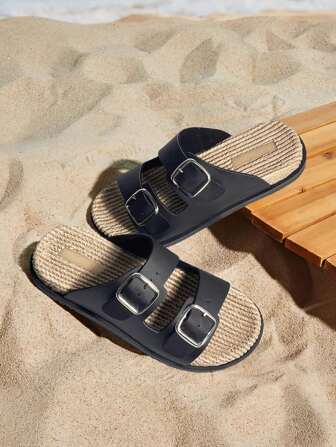 Summer New Arrival Women's Fashionable Adjustable Dual Buckle Slide Sandals, Suitable For Girls' Outdoor Sports And Vacation Wear, Ladies' Black Casual Slippers That Can Be Worn Indoors