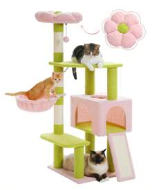 Flower Cat Tree 47.2" Multi-Level Cat Tower With Sisal Covered Scratching Posts, Cute Cat Condo For Indoor Small Medium Cats, Pink Top Perch, Ramp, Fluffy Ball - Pink - View 1