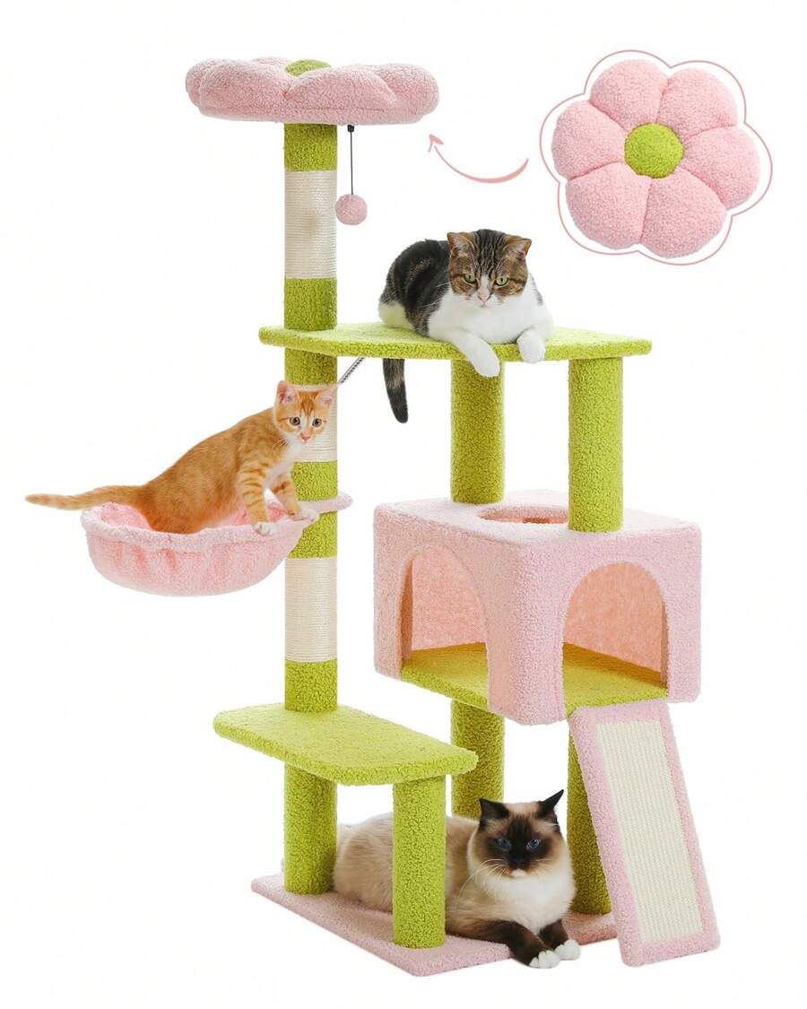 Flower Cat Tree 47.2" Multi-Level Cat Tower With Sisal Covered Scratching Posts, Cute Cat Condo For Indoor Small Medium Cats, Pink Top Perch, Ramp, Fluffy Ball - Pink - View 1