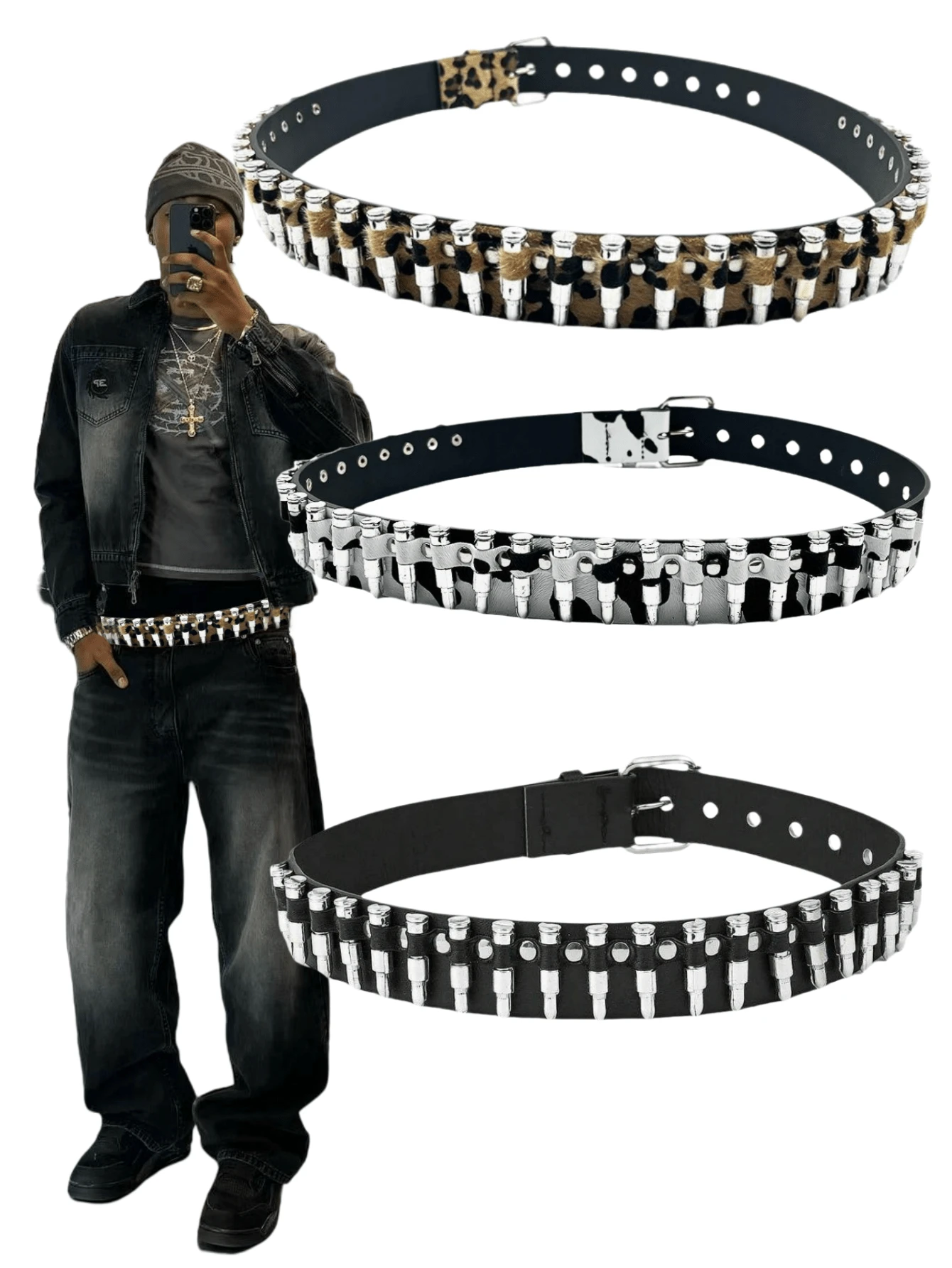 Men's Plus Size Bullet Shaped Western Style Belt, Punk Gothic Rapper Hip Hop Fashion Accessory For Decorating Outfits, Matches With Hoodies, Suitable For Daily Wear And Holidays,School Halloween Skull Skeleton Summer, School Fall, Autumn, Halloween Autumn-Winter Accessories,Suitable For Teens, Youth,Men,Casual, Outdoor, Athletic, Vacation, Graduation Gifts, Birthday, Daily Wear - Multicolor - View 1