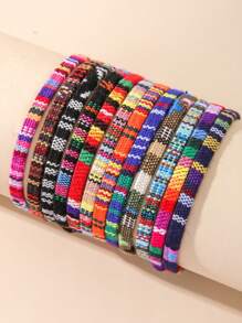 6/12 piezas Pulseras tejidas a mano de tela estilo bohemio colorido para hombres y mujeres, conjunto simple de pulseras de amistad y cuerda de surf - vistoso - Ver 4