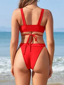 Bộ bikini cut out gợi cảm dành cho nữ cạp cao, Đồ bơi mùa hè dành cho nữ Bộ đồ tắm màu đỏ - Đỏ - Xem 3