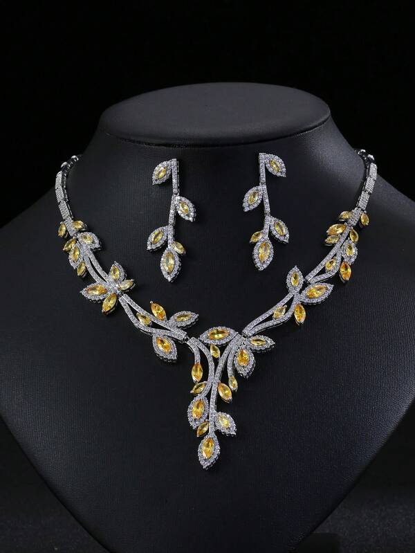 طقم قلادة وأقراط أوراق الزركونيا الفاخرة 3 قطع، هدية مجوهرات للنساء لحفلات الزفاف والخطوبة والسهرات الرسمية