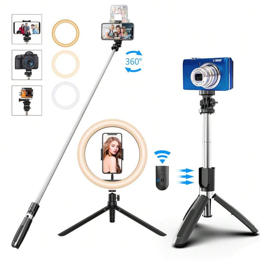 Ring Light With Tripod For Cell Phone, 10 Inch Dimmable Fill Light, 3 Modes 10 Brightness For LED Ring Light Compatible With IPhone/Android Cell Phones - Black - View 1