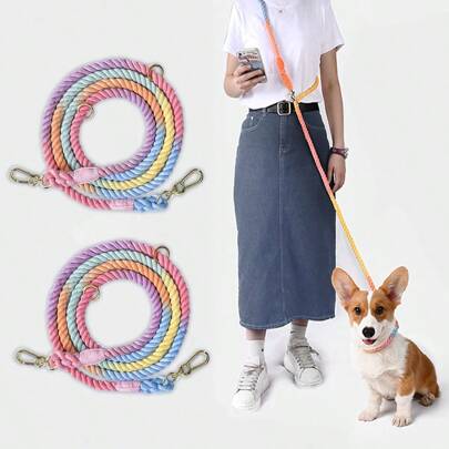Multifunctional Rope Dog Leash 7 FT With Adjustable Double Swivel Hook Hands Free For Small Medium And Large Dogs Running Hiking Camping Walking (Colorful Macaron)