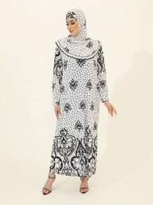 端莊的穆斯林長袍和長袍，適合女性穿著 |迪拜和摩洛哥風格的帶頭巾 |適合禮拜、家庭和戶外活動的穆斯林祈禱衣和朝覲必備品，休閒風格 - 頭巾+連身裙合體 - 查看 10