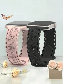 2件裝纖細蕾絲花卉雕刻錶帶，相容 49mm 46mm 45mm 44mm 42mm 41mm 40mm 38mm，波希米亞風可愛壓紋玫瑰矽膠錶帶，適用 Ultra 11 10 9 8 7 6 5 4 3 2 1 SE，男女通用，返校季 - 黑色和粉紅色 - 查看 12