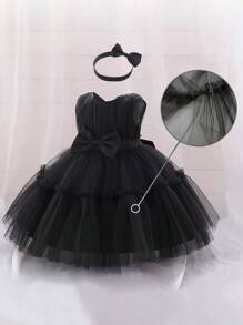 Baby Girls' Solid Color Sleeveless Mesh Dress With Bowknot Decorated Waistband, Elegant & Party Dress, Ideal For Birthday Party