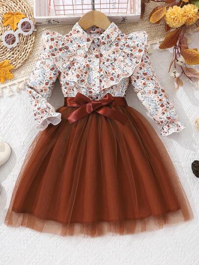 Young Girl Floral Print Long Sleeve Netted Dress With Woven Belt
