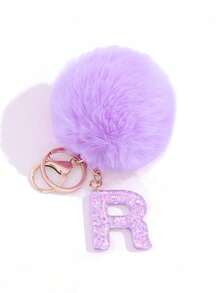 1入組可愛的紫色樹脂星星圖案毛絨球裝飾字母鑰匙扣掛飾毛絨鑰匙扣、錢包鑰匙扣、包裝飾字母鑰匙扣、字母形汽車鑰匙扣掛飾、防丟鑰匙扣，是給朋友、同事、同學、家人的絕佳禮物