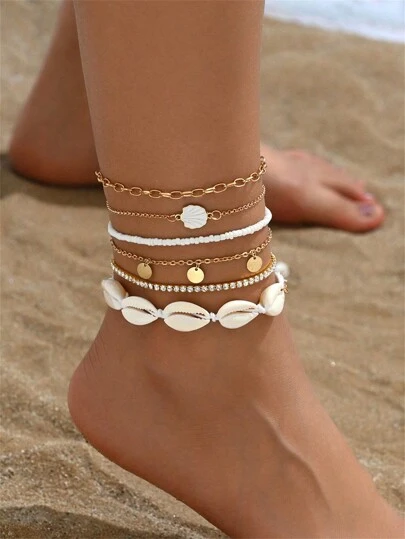6 件青少年时尚个性脚链，波西米亚风格弹性塑料脚链，单排塑料水钻脚链套装，夏季海滩度假的理想选择，时尚舒适的脚部饰品，风靡欧美