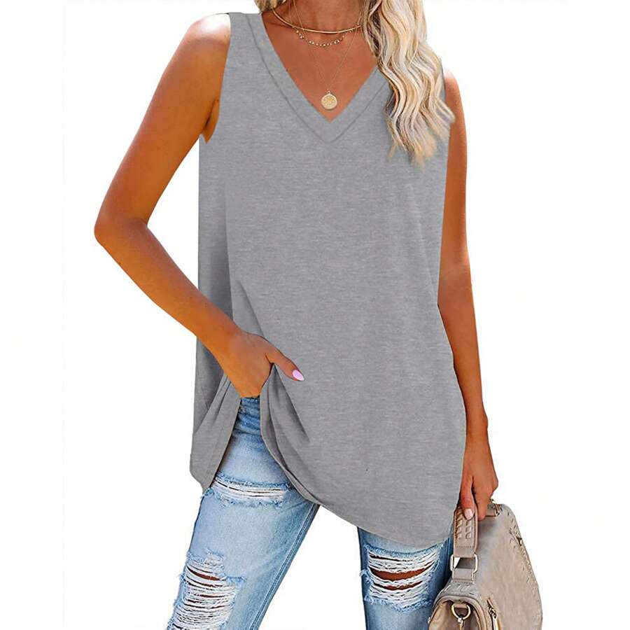 BZB Women's V Neck Tank Tops Summer Loose Casual Basic Solid Color Sleeveless Shirts Tunic Tops - Xám - Xem 1