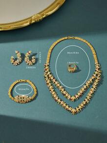 Dubai Saudi Arabia Popular Cute Sweet Glamorous Luxury 4pcs Hand-Set Zirconia Jewelry Set, Adjustable Chain Necklace, Bracelet, Ring, Earrings, Daily Wear, Gift Options For Girlfriend, Friends, And Lovers, Bling-Bling Accessory For Banquet, Party And Wedding Dresses.