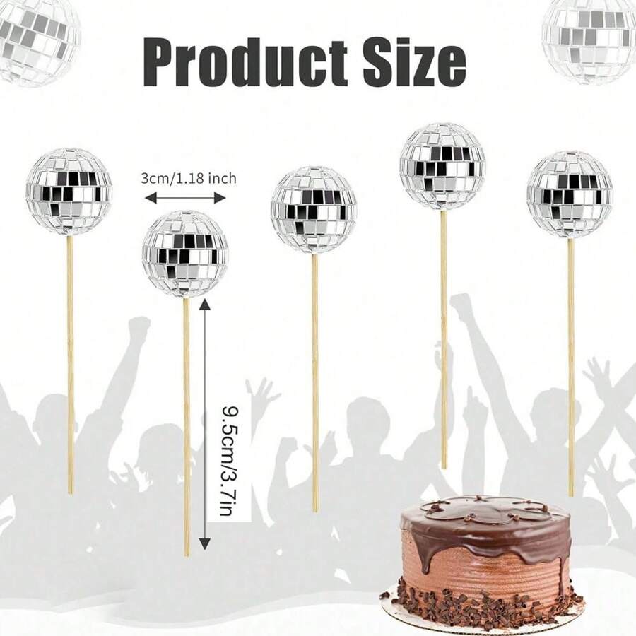 12/24 PCS, Disco Ball Cupcake Toppers, Silver Small Mirror Ball Cake