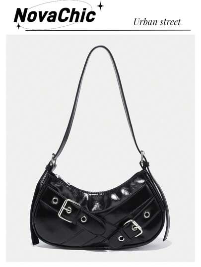 1pc Black PU Leather Y2K Gothic Fashionable Type Shoulder Bag With Rivet Decoration, Vintage Style, Perfect For Daily Commute, Tready Crescent Moon Bag For Women, 2000s Fashion Style Bag For Women