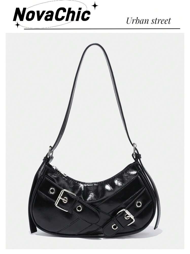 1pc Black PU Leather Y2K Gothic Fashionable Type Shoulder Bag With