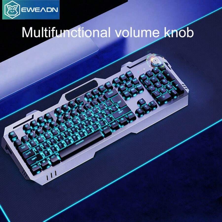 EWEADN GX810 Wired Keyboard, Mechanical Feel E-Sports Gaming Typing Computer Office Universal, Plug And Play Wired USB Gaming Keyboard With Adjustable Bracket, Multi-Function Knob Optical Keyboard Suitable For Windows System - Black - Blue Backlight, Keyboard With Multimedia Keys And Number Keys