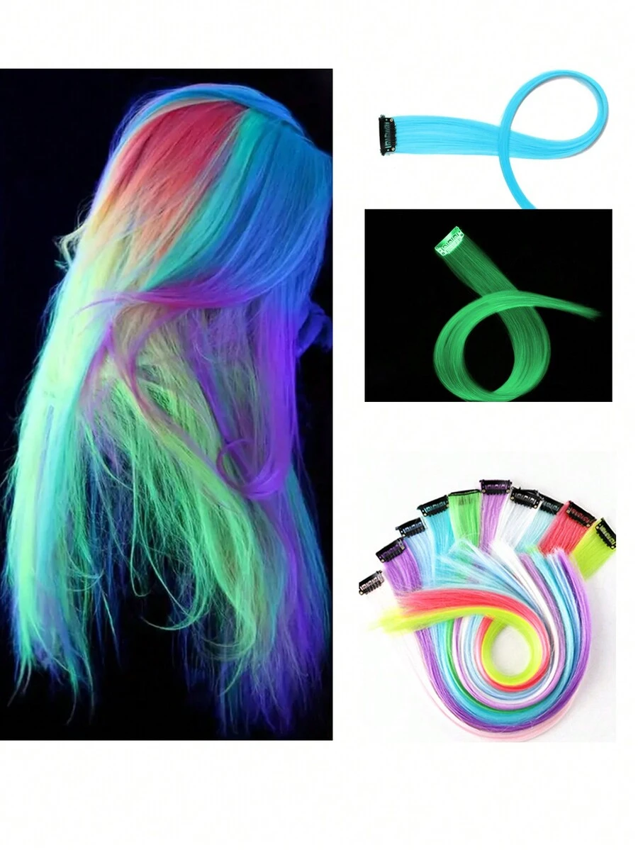 2入組20英寸發光派對髮夾頭飾，彩色染色派對假髮，適合生日、主題派對、化妝舞會假髮。發光前吸收光線，派對頭飾 - 彩色 - 查看 1