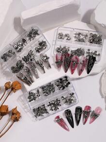30pcs/6-Grid Box Vintage Y2K Nail Art Decorations, Dark Gothic Ins Style Cross & Skull Designs, Halloween Nail Accessories, Various Styles Gothic Fake Nails, Nail Art Supplies