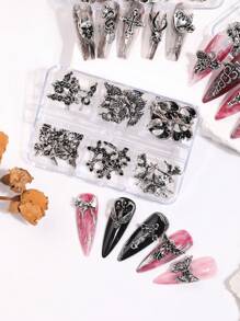 30pcs/6-Grid Box Vintage Y2K Nail Art Decorations, Dark Gothic Ins Style Cross & Skull Designs, Halloween Nail Accessories, Various Styles Gothic Fake Nails, Nail Art Supplies