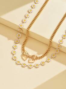 2pcs/Set Summer Daisy Metal Bowknot Necklace, Dopamine Inspired, Alloy Chain Floral Choker Necklace, Fashionable Design, Suitable For Daily Wear, Can Be Cut To Desired Length, Handmade, Thoughtful Gift For Valentine's Day,Mom,Mother,Mother's Day,Gift - White Daisy + Metal Bow - View 3