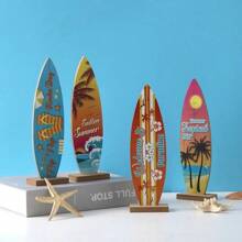1入夏季衝浪板裝飾品，帶有海風INS印花的木製衝浪板裝飾品，適用於沙灘酒吧桌牌、沙灘主題裝飾的木製手工藝節慶裝飾、桌上裝飾和夏季木質紀念品 - 彩色 - 查看 4