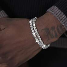 2pcs/Set Men's Simple Hip Hop Rhinestone Bracelet - Silver - View 10