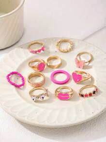 12pcs/Set Cute Dopamine Themed Minimalist Geometric Line Rings, Versatile For Commute And Vacation