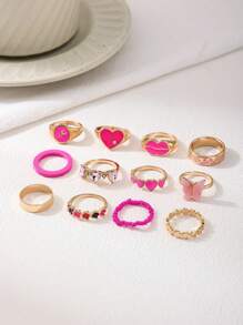 12pcs/Set Cute Dopamine Themed Minimalist Geometric Line Rings, Versatile For Commute And Vacation
