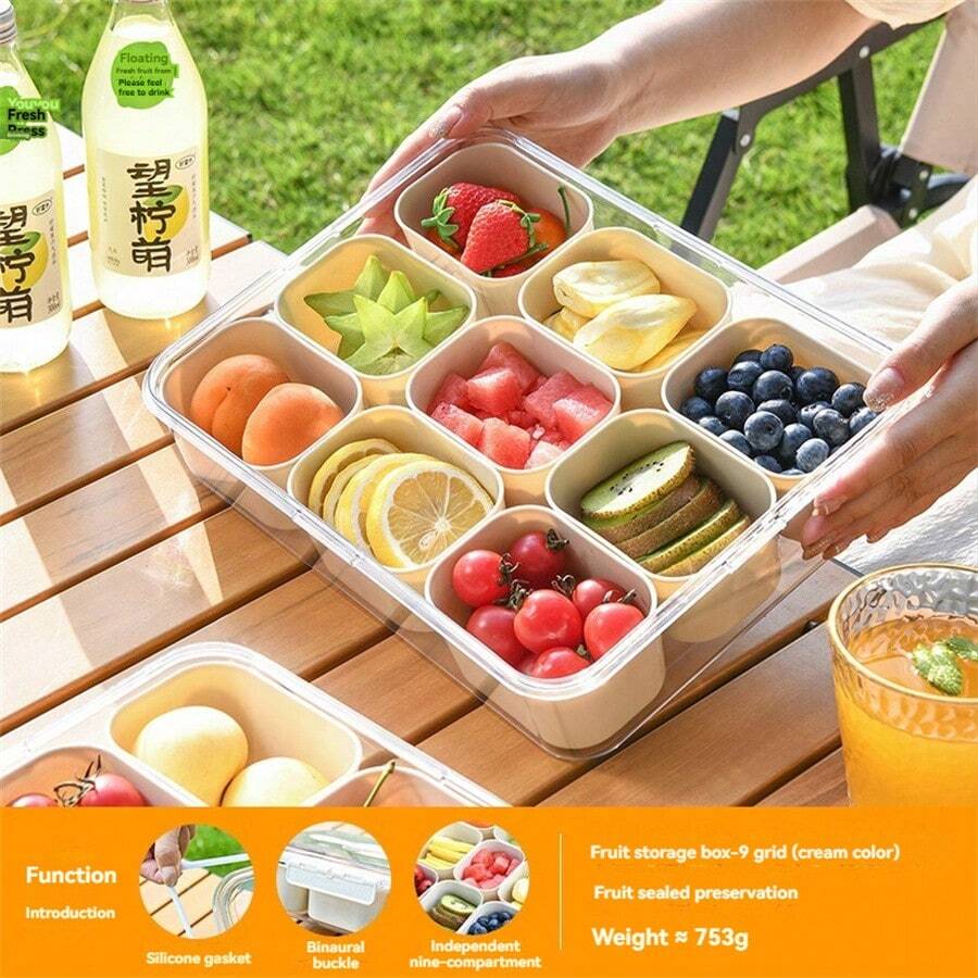 1pc Portable  Salad Container Plastic Kitchen Sealed Box, Nine-Grid Fruit Lunch Box, Clear Fresh-Keeping Box - White - View 1
